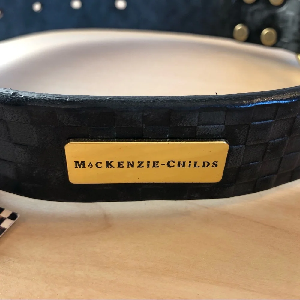 NWT Mackenzie-Childs Embossed Real Bridle Leather Blk Dog Collar (Size:Large)